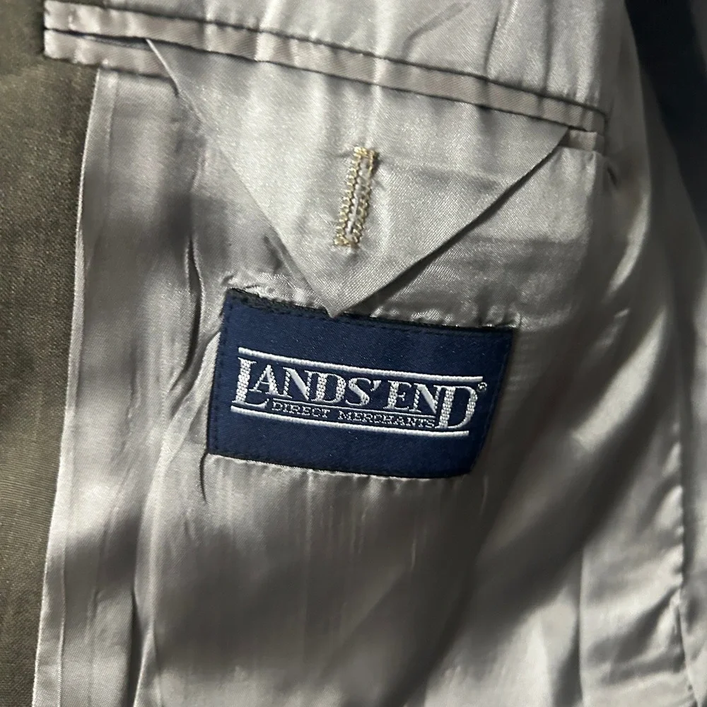 Lands' End Blazer 48R Olive Green Taupe Wool Pinstripe Suit Jacket USA Preppy
